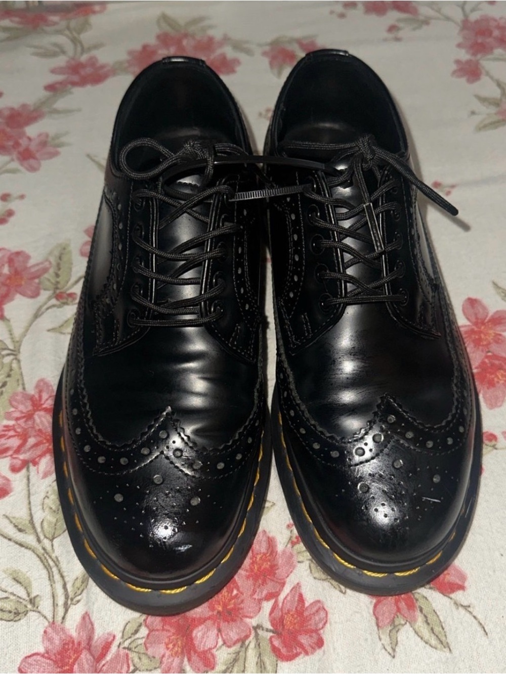 Dr. Martens Black Leather Wingtip Oxfords with Yellow Stitching